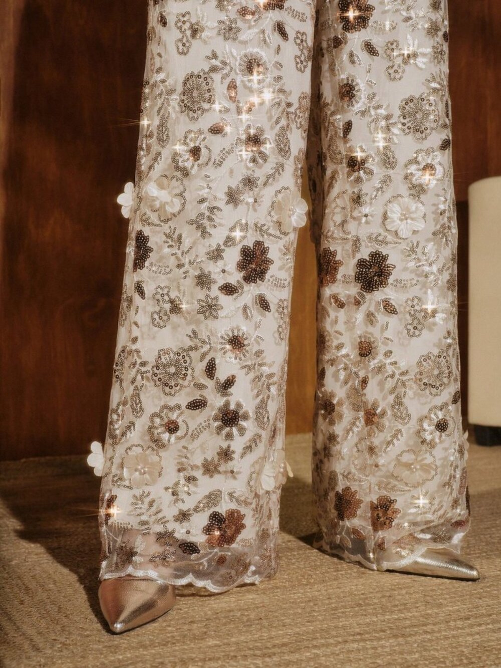 Champagne Elegant Women's Floral Mesh Straight Leg Pants - Picture 6 of 7